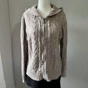 Ounce Women Tan Cable Knit Full Zip Hoodie Sweater Size L